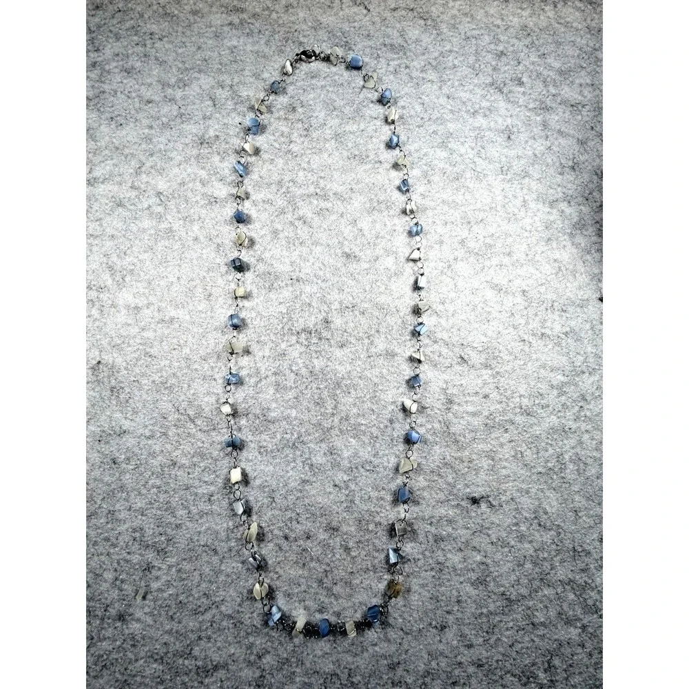Vintage Y2K Blue Ivory Cats Eye Glass Bead Necklace Double Strand Wire Wrapped
